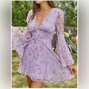 Elegant Floral Long Sleeve Dress in Lavender